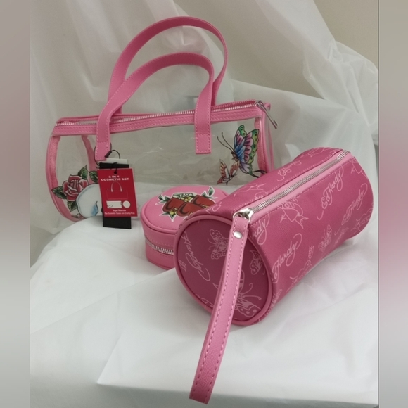 Ed Hardy Skull, Roses & Butterfly Pink See-Thru Barrel Bag w/ 2 Complimentary - Picture 3 of 16